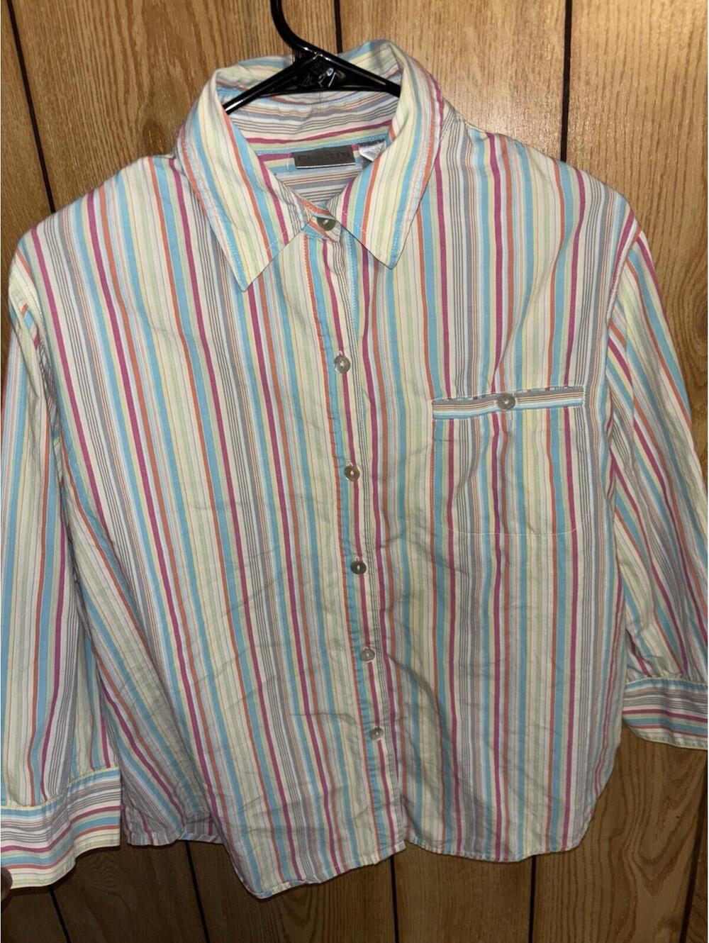 Chico’s Size 1 Multi Color Striped Button Down Shirt Medium